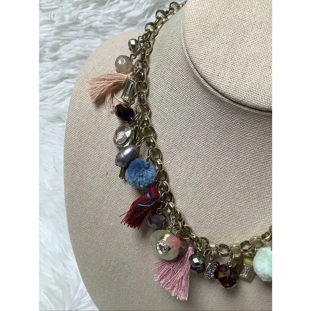 LOFT Gold Tone Chunky Chain Tassel Pom Pom Crystal Charm Necklace Boho F18-45